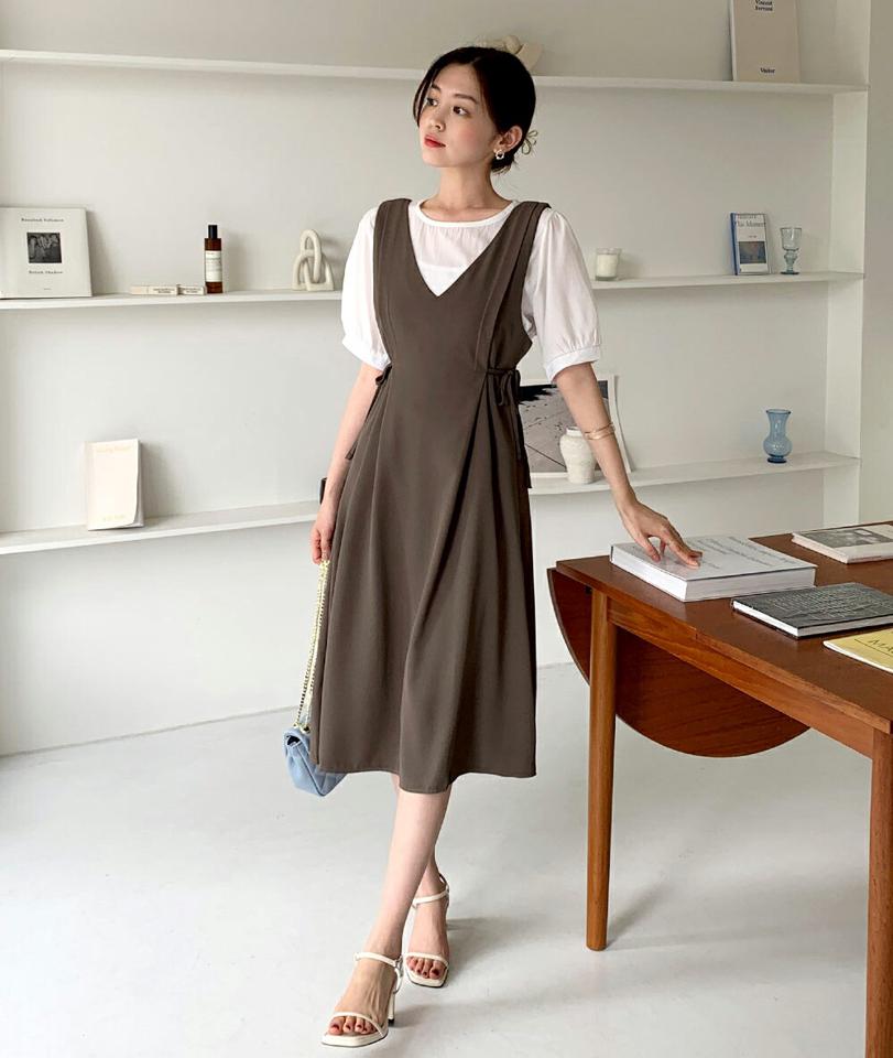 【10%OFF】パフブラウス&リボンノースリワンピースSET・全3色・b67523 レディース 【ops】セット ワンピ−ス ロング丈 ロングワンピース スリーブレス ノースリーブ トップス ブラウス 半袖 単色 無地 シンプル set レイヤード 春 夏 韓国ファッション opsセール