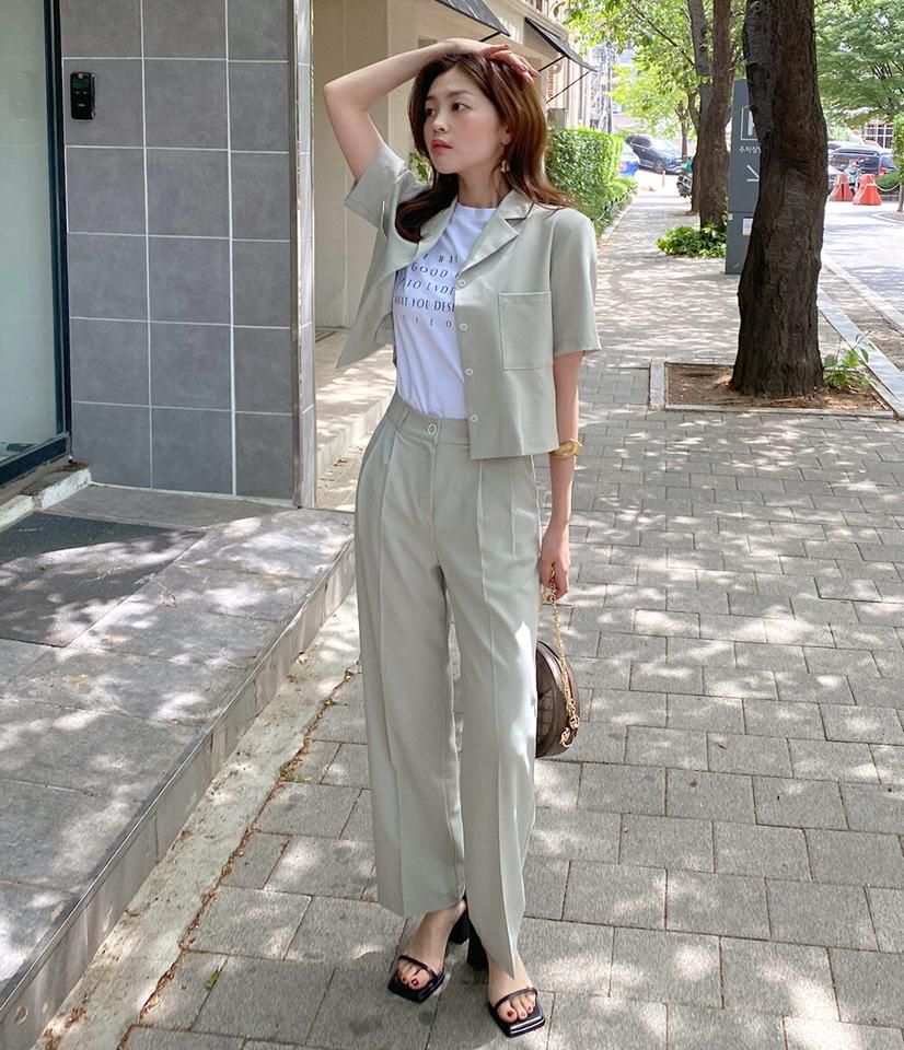 【マラソン特価】カラーポケットシャツ&ツータックストレートスラックスSET・全3色・t67526 レディース 【pt】セットアップ setup トップス シャツ 半袖 スラックス パンツ ズボン ストレート 単色 無地 シンプル 大人 緑 カーキ パステル 春 夏 韓国ファッション