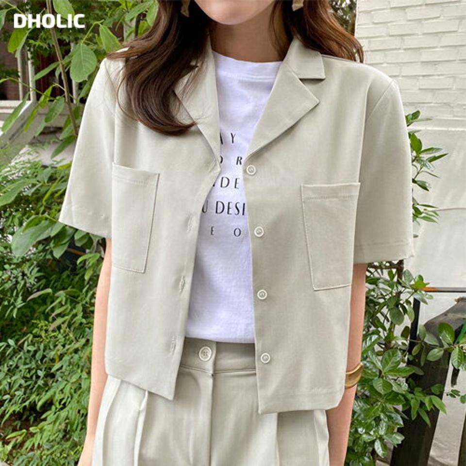 カラーポケットシャツ・全3色・t67525 レディース 【bl】トップス シャツ 半袖 ハーフスリーブ 襟コン アウター 単色 無地 シンプル ベーシック パステル クロップド丈 オープンカラー 春 夏 韓国ファッション