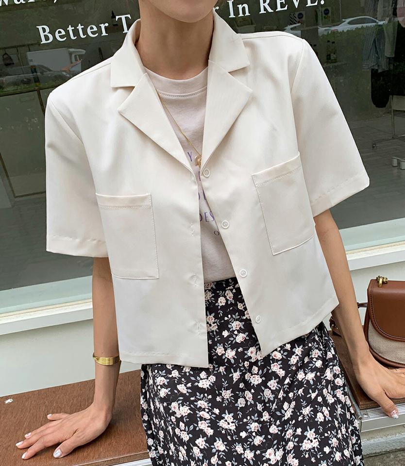 カラーポケットシャツ・全3色・t67525 レディース 【bl】トップス シャツ 半袖 ハーフスリーブ 襟コン アウター 単色 無地 シンプル ベーシック パステル クロップド丈 オープンカラー 春 夏 韓国ファッション