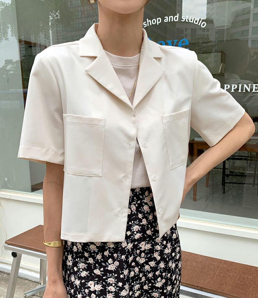 カラーポケットシャツ・全3色・t67525 レディース 【bl】トップス シャツ 半袖 ハーフスリーブ 襟コン アウター 単色 無地 シンプル ベーシック パステル クロップド丈 オープンカラー 春 夏 韓国ファッション