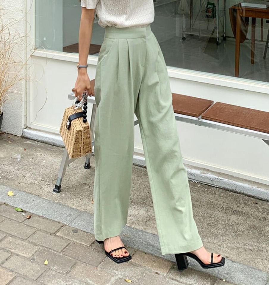リネン混ツータックワイドスラックス・全3色・t67534 レディース 【pt】スラックス パンツ ズボン ロングパンツ ワイドパンツ タック 無地 シンプル リネン 大人 きれいめ カラーパンツ ハイウエスト ストレート 緑 カーキ 春 夏 韓国ファッション