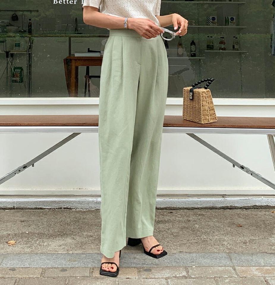 リネン混ツータックワイドスラックス・全3色・t67534 レディース 【pt】スラックス パンツ ズボン ロングパンツ ワイドパンツ タック 無地 シンプル リネン 大人 きれいめ カラーパンツ ハイウエスト ストレート 緑 カーキ 春 夏 韓国ファッション