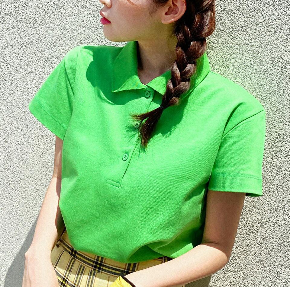 サイドスリットポロカラーTシャツ・全4色・t02327 レディース 【tops】トップス Tシャツ 半袖 ポロ襟 ポロシャツ 単色 無地 シンプル ベーシック ボタン カジュアル クロップド丈 アイドル 衣装 y2k 黄緑 春 夏 韓国ファッション GOLFWEAR ゴルフウェア