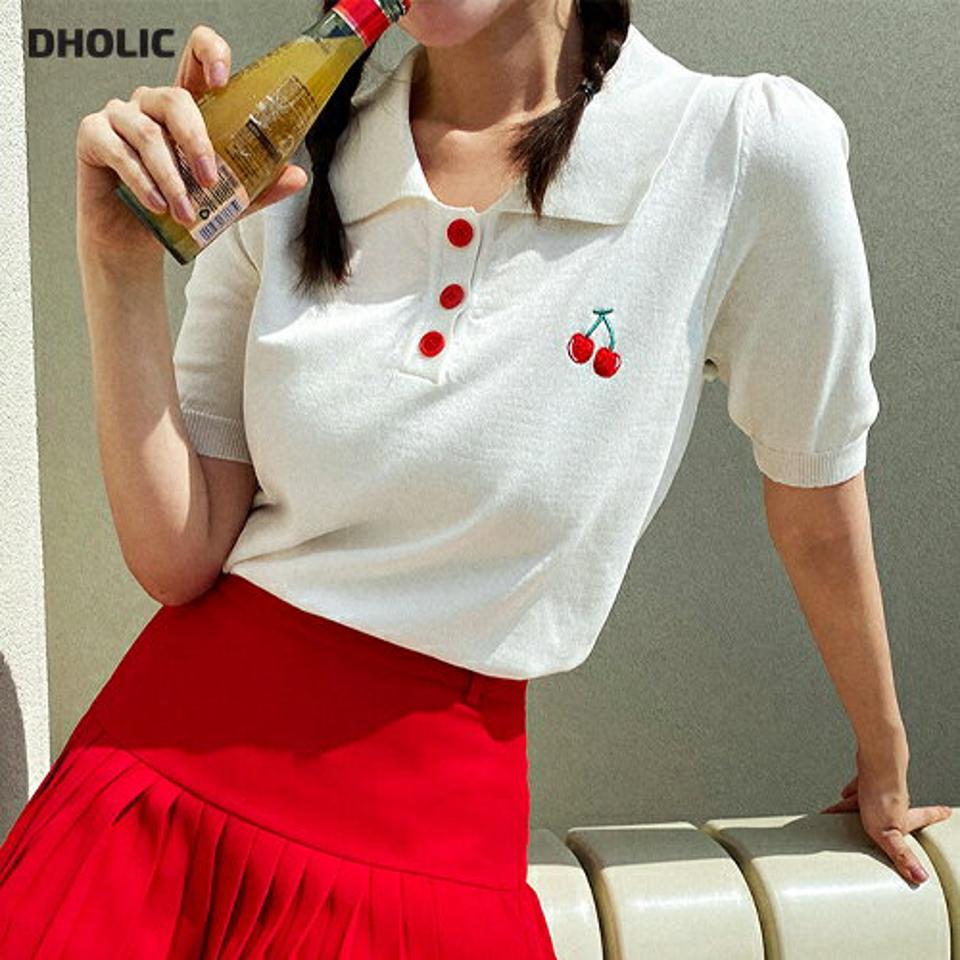 チェリー刺繍ポロカラーニット・全2色・b02339 レディース 【tops】トップス ニット 半袖 ハーフスリーブ ガーリー かわいい ポロ襟 ポロシャツ パフ袖 パフスリーブ クロップド丈 衣装 テニス y2k 春 夏 韓国ファッション GOLFWEAR ゴルフウェア