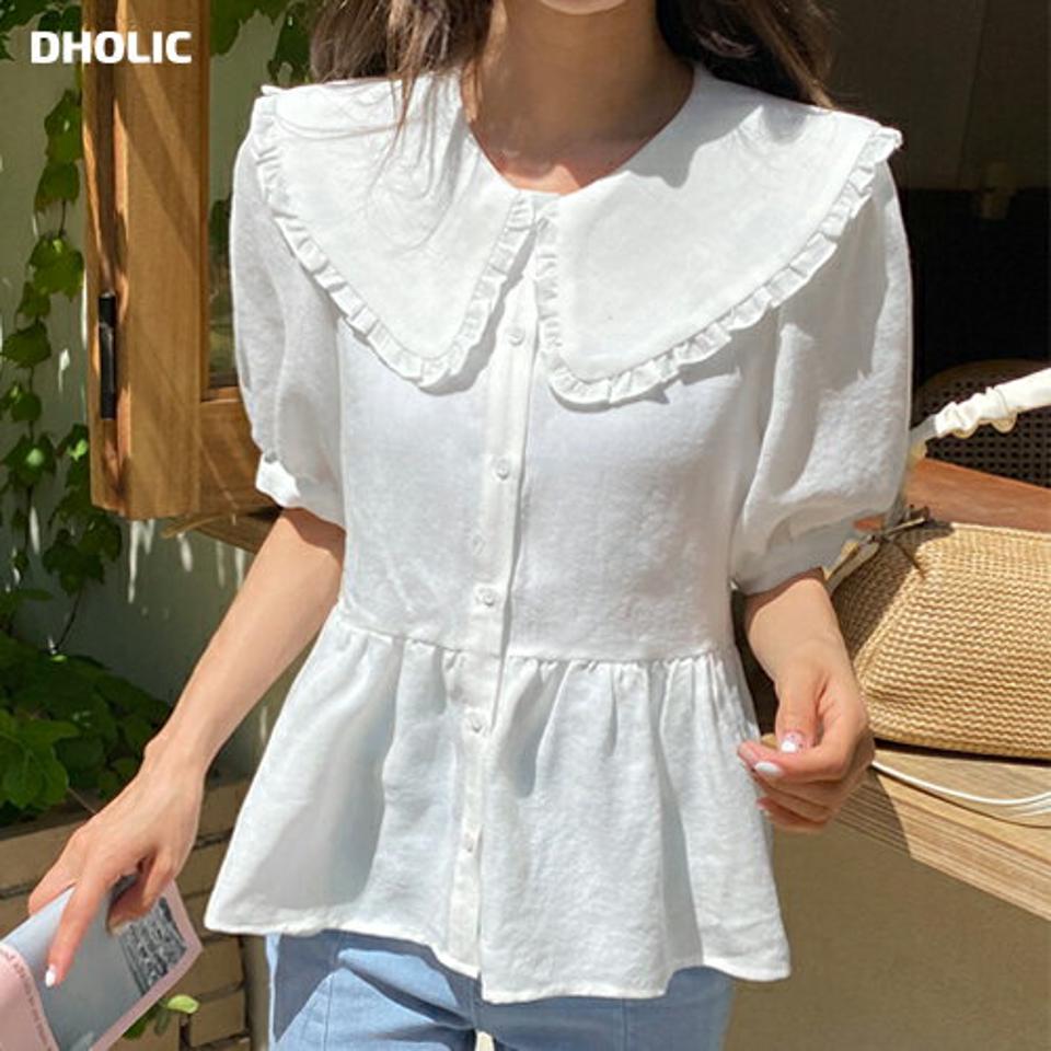 フリルビッグカラーフレアブラウス・全3色・t00944 レディース 【bl】トップス ブラウス 半袖 ハーフスリーブ 襟コン フリル 大きい襟 白ブラウス 単色 セーラーカラー かわいい 可愛い 大きい襟 フレア ギャザー お腹カバー 春 夏 韓国ファッション