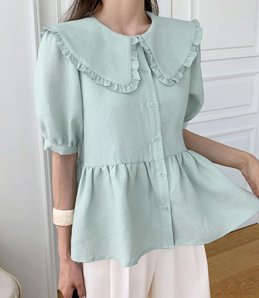 フリルビッグカラーフレアブラウス・全3色・t00944 レディース 【bl】トップス ブラウス 半袖 ハーフスリーブ 襟コン フリル 大きい襟 白ブラウス 単色 セーラーカラー かわいい 可愛い 大きい襟 フレア ギャザー お腹カバー 春 夏 韓国ファッション