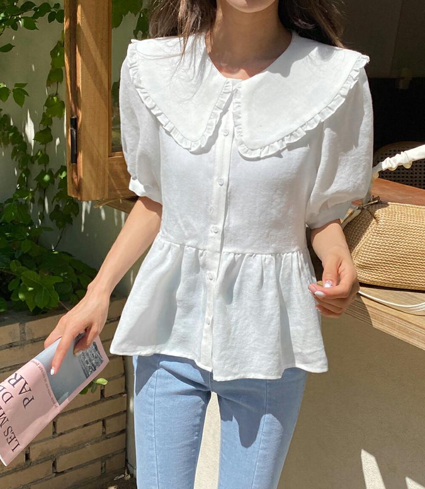 フリルビッグカラーフレアブラウス・全3色・t00944 レディース 【bl】トップス ブラウス 半袖 ハーフスリーブ 襟コン フリル 大きい襟 白ブラウス 単色 セーラーカラー かわいい 可愛い 大きい襟 フレア ギャザー お腹カバー 春 夏 韓国ファッション