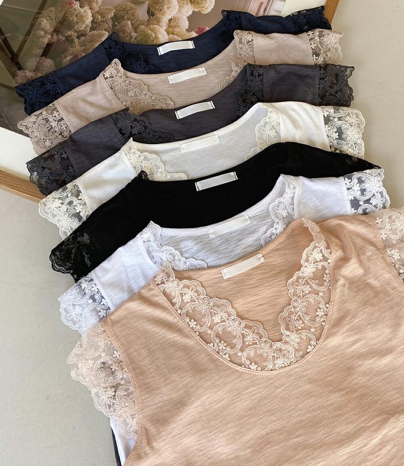 レースキャップスリーブTシャツ・全7色・b67154 レディース 【tops】トップス Tシャツ キャップスリーブ ショートスリーブ 二の腕カバー レース フェミニン 単色 シンプル メランジ フェミニン 春 夏 韓国ファッション