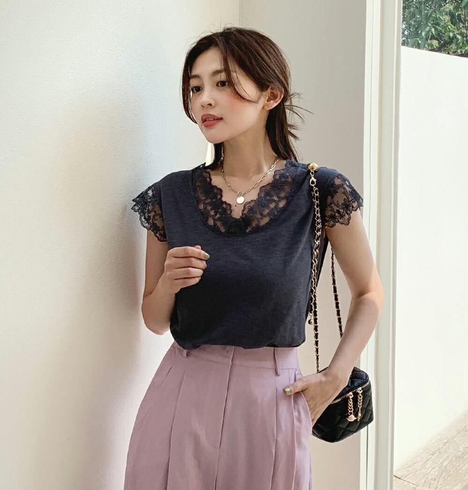 レースキャップスリーブTシャツ・全7色・b67154 レディース 【tops】トップス Tシャツ キャップスリーブ ショートスリーブ 二の腕カバー レース フェミニン 単色 シンプル メランジ フェミニン 春 夏 韓国ファッション