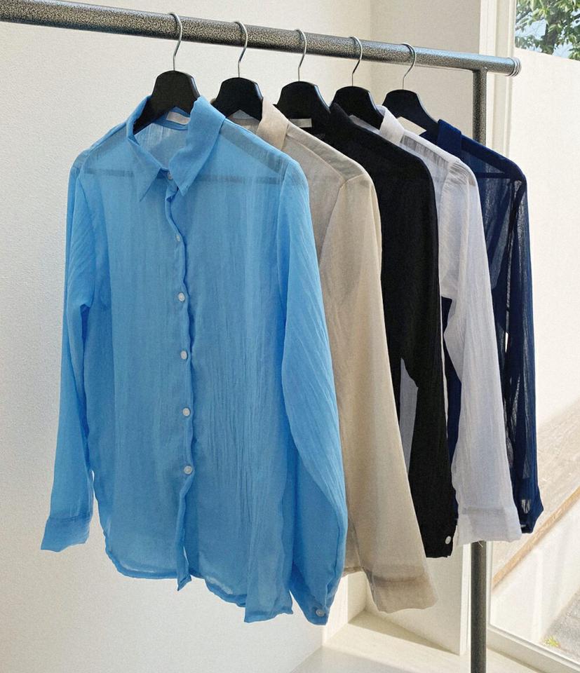 シアーコットンシャツ・全5色・t67175 レディース 【bl】トップス シャツ 長袖 コットンシャツ 綿 シアー 透け感 シースルー 単色 無地 シンプル カジュアル ベーシック ラフ 羽織物 水色 春 夏 韓国ファッション