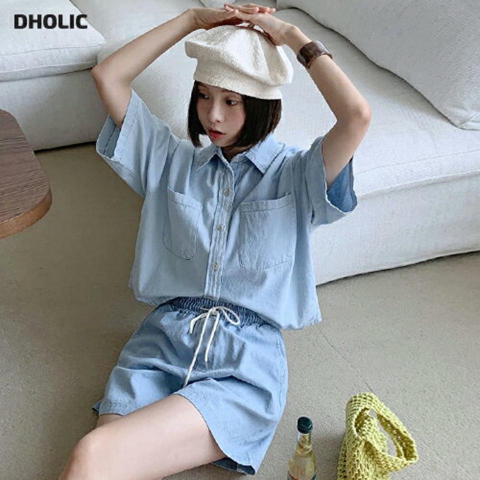 カラーポケットデニムシャツ&ストリングショートパンツ・全2色・t01023 レディース 【pt】セットアップ setup トップス シャツ 半袖 ハーフスリーブ ショートパンツ ズボン ライトブルー 短パン パンツ デニム シンプル カジュアル ラフ 春 夏 韓国ファッション