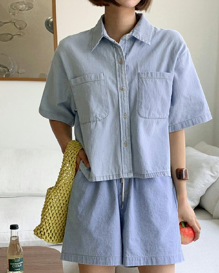 カラーポケットデニムシャツ&ストリングショートパンツ・全2色・t01023 レディース 【pt】セットアップ setup トップス シャツ 半袖 ハーフスリーブ ショートパンツ ズボン ライトブルー 短パン パンツ デニム シンプル カジュアル ラフ 春 夏 韓国ファッション