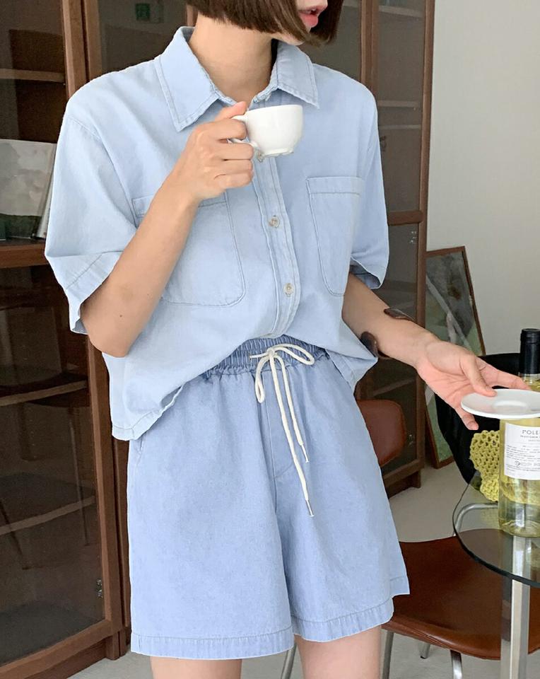 カラーポケットデニムシャツ&ストリングショートパンツ・全2色・t01023 レディース 【pt】セットアップ setup トップス シャツ 半袖 ハーフスリーブ ショートパンツ ズボン ライトブルー 短パン パンツ デニム シンプル カジュアル ラフ 春 夏 韓国ファッション