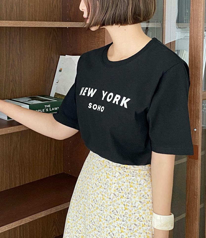 NEW YORK半袖Tシャツ・全4色・b01041 レディース 【tops】トップス Tシャツ 半袖 ロゴ レタリング ロゴT ハーフスリーブ カジュアル ラフ ラウンドネック シンプル サイドスリット 春 夏 韓国ファッション