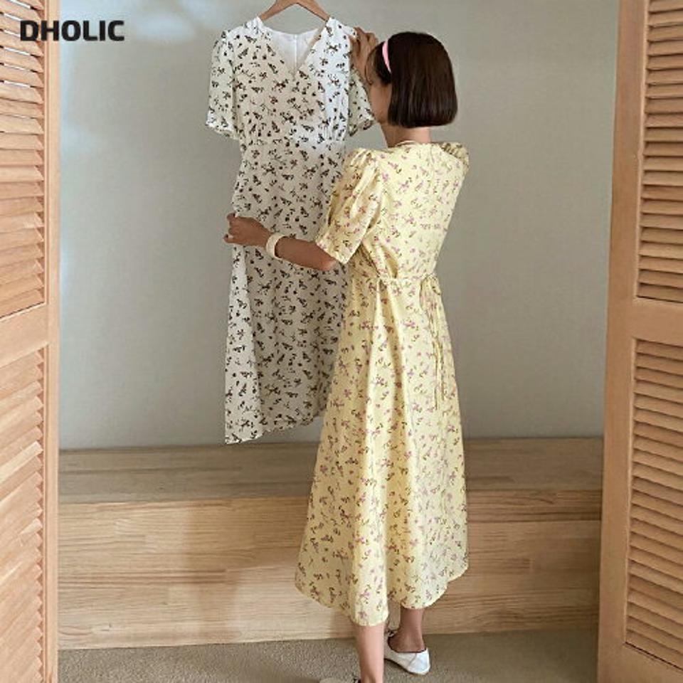 花柄カシュクールワンピース・全3色・t01032 レディース 【ops】ワンピース ロング丈 ロングワンピース 半袖 ハーフスリーブ カシュクール 花柄 フェミニン パフ袖 パフスリーブ 大人 かわいい 可愛い パステル 黄色 春 夏 韓国ファッション