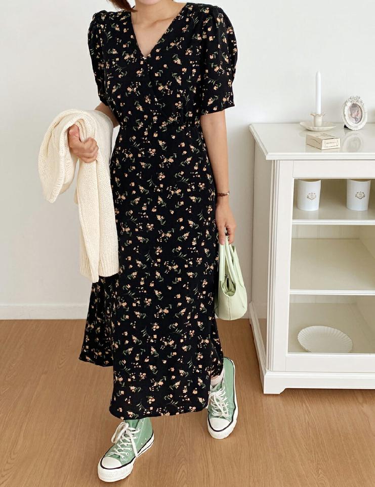 花柄カシュクールワンピース・全3色・t01032 レディース 【ops】ワンピース ロング丈 ロングワンピース 半袖 ハーフスリーブ カシュクール 花柄 フェミニン パフ袖 パフスリーブ 大人 かわいい 可愛い パステル 黄色 春 夏 韓国ファッション