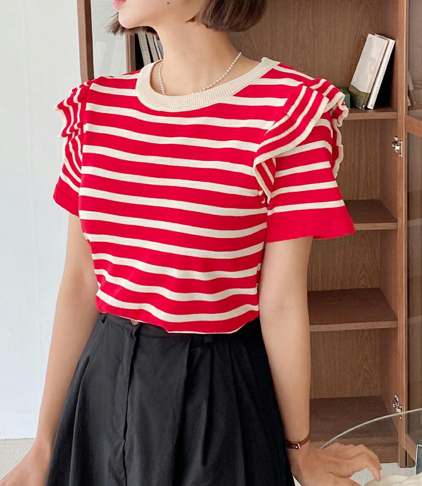 フリルボーダーニット・全3色・b01036 レディース 【tops】トップス ニット 半袖 ハーフスリーブ ボーダー柄 フリル 袖コン カジュアル かわいい 可愛い ラウンドネック 赤 春 夏 サマーニット 韓国ファッション
