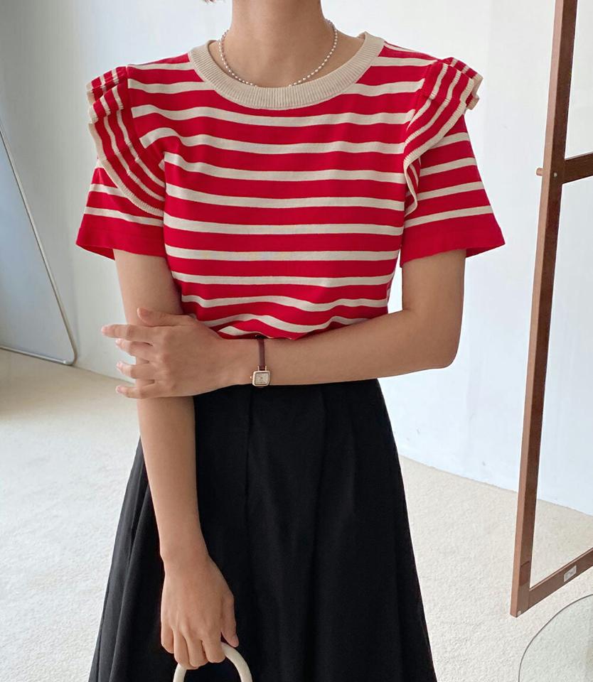 フリルボーダーニット・全3色・b01036 レディース 【tops】トップス ニット 半袖 ハーフスリーブ ボーダー柄 フリル 袖コン カジュアル かわいい 可愛い ラウンドネック 赤 春 夏 サマーニット 韓国ファッション