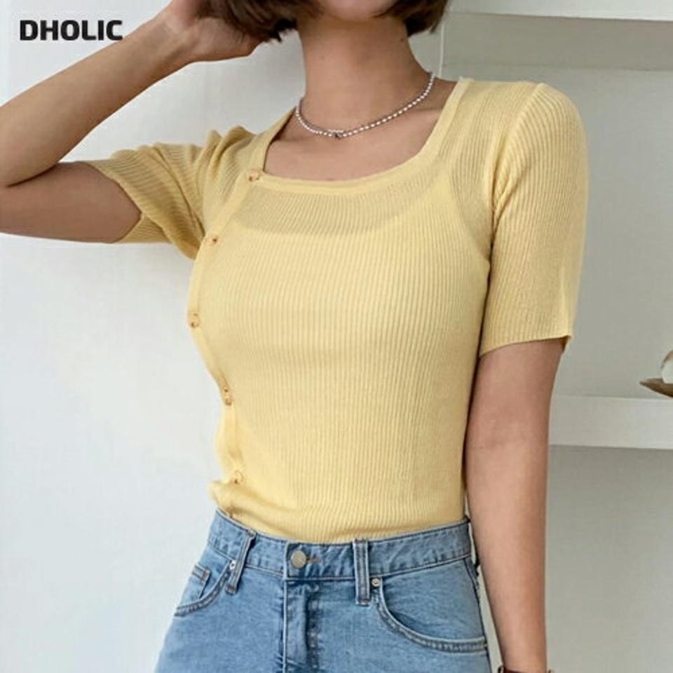 スクエアサイドボタンリブニット・全4色・t01037 レディース 【tops】トップス ニット 半袖 リブニット スクエア リブトップス 単色 カジュアル ラフ スリム パステル 黄色 春 夏 韓国ファッション