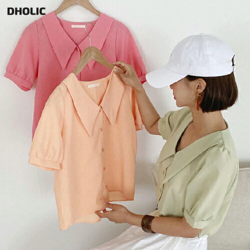 バリモアカラーボタンブラウス・全4色・t01039 レディース 【bl】トップス ブラウス 半袖 ハーフスリーブ パフ袖 パフスリーブ 単色 無地 シンプル 襟コン 大きい襟 ガーリー かわいい 可愛い オレンジ パステル 春 夏 韓国ファッション