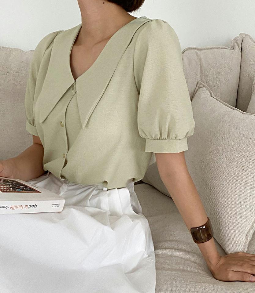 バリモアカラーボタンブラウス・全4色・t01039 レディース 【bl】トップス ブラウス 半袖 ハーフスリーブ パフ袖 パフスリーブ 単色 無地 シンプル 襟コン 大きい襟 ガーリー かわいい 可愛い オレンジ パステル 春 夏 韓国ファッション