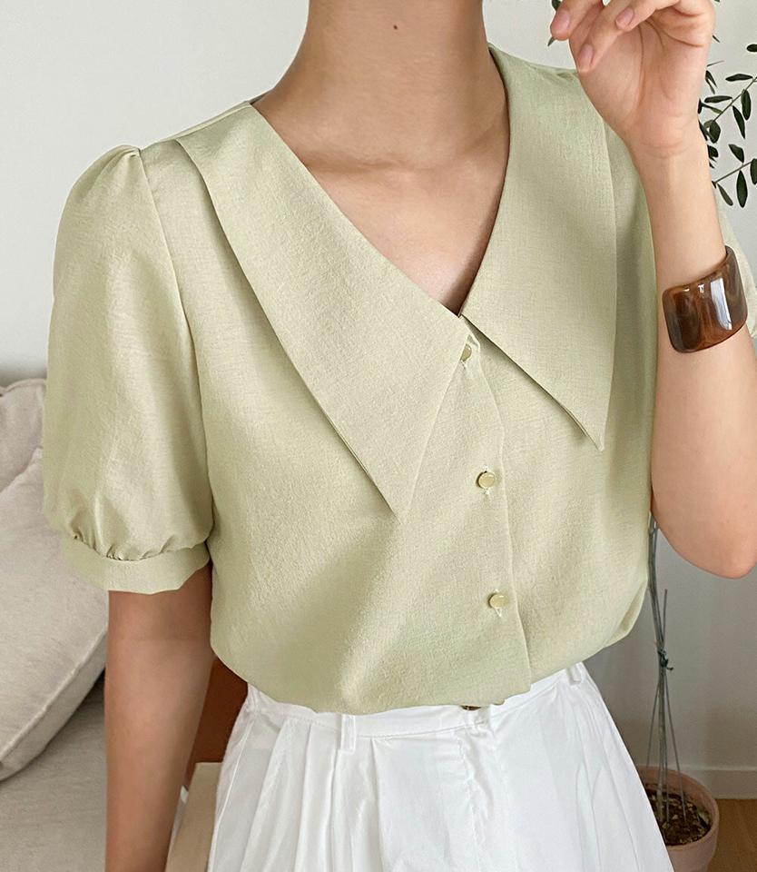 バリモアカラーボタンブラウス・全4色・t01039 レディース 【bl】トップス ブラウス 半袖 ハーフスリーブ パフ袖 パフスリーブ 単色 無地 シンプル 襟コン 大きい襟 ガーリー かわいい 可愛い オレンジ パステル 春 夏 韓国ファッション
