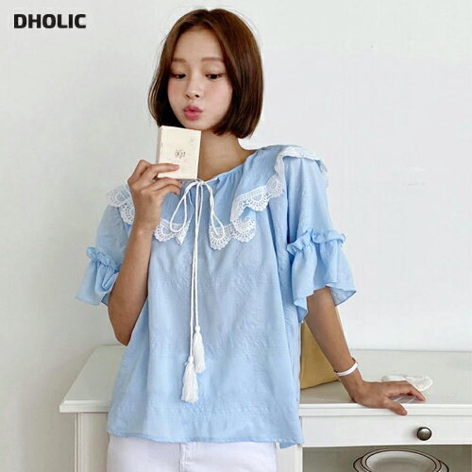 2WAYレースタッセルブラウス・全2色・t01038 レディース 【bl】トップス ブラウス 半袖 ハーフスリーブ タッセル レース 襟コン ガーリー かわいい 可愛い フリル オフショルダー 肩見せ りぼん ラッフル パステル 春 夏 韓国ファッション