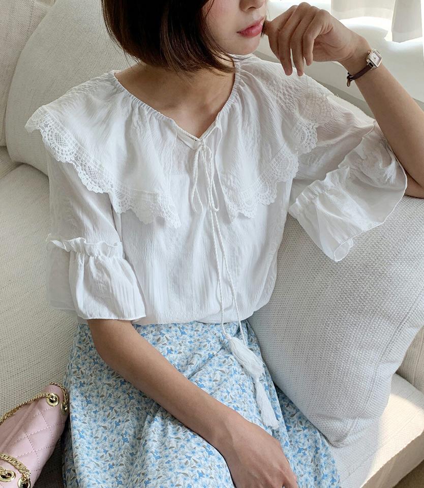 2WAYレースタッセルブラウス・全2色・t01038 レディース 【bl】トップス ブラウス 半袖 ハーフスリーブ タッセル レース 襟コン ガーリー かわいい 可愛い フリル オフショルダー 肩見せ りぼん ラッフル パステル 春 夏 韓国ファッション