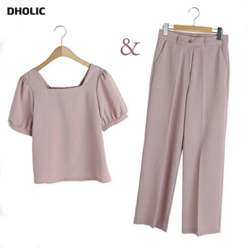 スクエアパフブラウス&セミワイドスラックスSET・全3色・t01028 レディース 【pt】セットアップ setup トップス ブラウス 半袖 スクエアネック スラックス パンツ 単色 無地 シンプル ベーシック ピンク オフィスカジュアル 春 夏 韓国ファッション