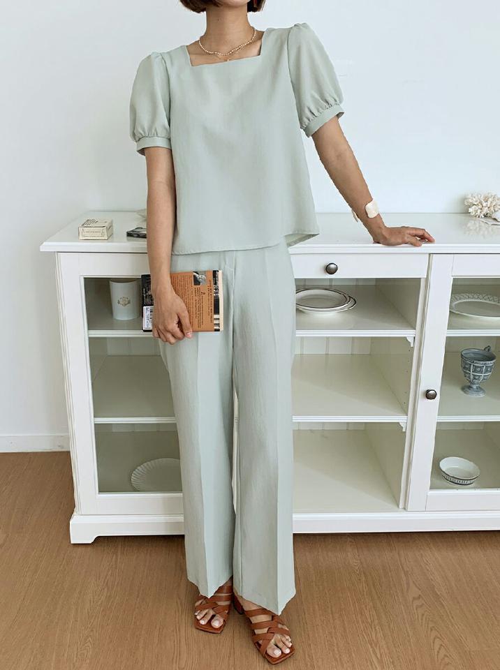 スクエアパフブラウス&セミワイドスラックスSET・全3色・t01028 レディース 【pt】セットアップ setup トップス ブラウス 半袖 スクエアネック スラックス パンツ 単色 無地 シンプル ベーシック ピンク オフィスカジュアル 春 夏 韓国ファッション