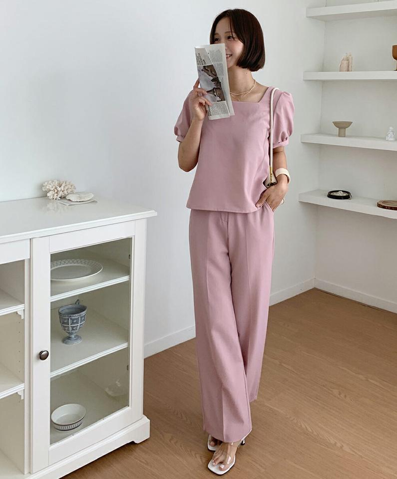 スクエアパフブラウス&セミワイドスラックスSET・全3色・t01028 レディース 【pt】セットアップ setup トップス ブラウス 半袖 スクエアネック スラックス パンツ 単色 無地 シンプル ベーシック ピンク オフィスカジュアル 春 夏 韓国ファッション