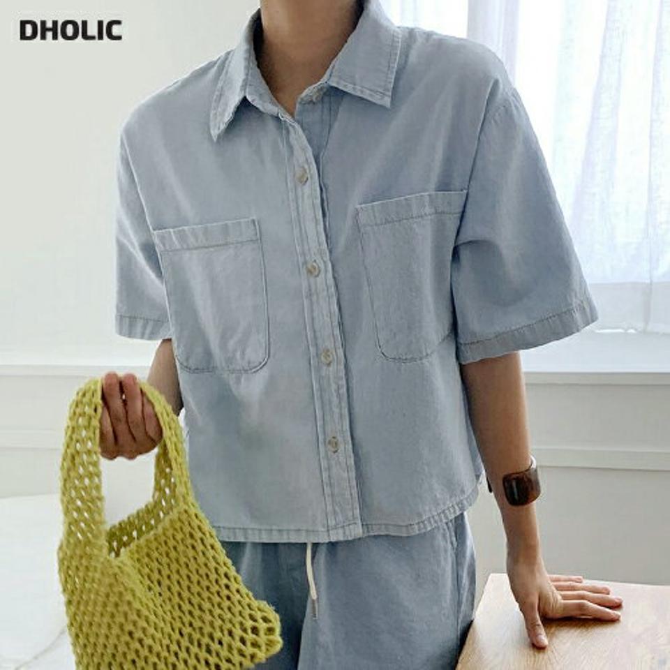 カラーポケットデニムシャツ・全2色・t01021 レディース 【bl】トップス シャツ デニム シンプル 半袖 ハーフスリーブ シンプル カジュアル ラフ クロップド丈 春 夏 韓国ファッション