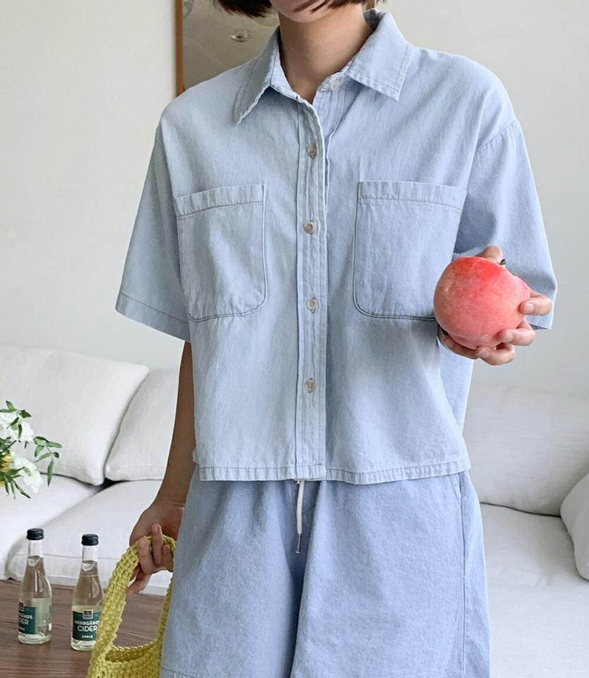 カラーポケットデニムシャツ・全2色・t01021 レディース 【bl】トップス シャツ デニム シンプル 半袖 ハーフスリーブ シンプル カジュアル ラフ クロップド丈 春 夏 韓国ファッション