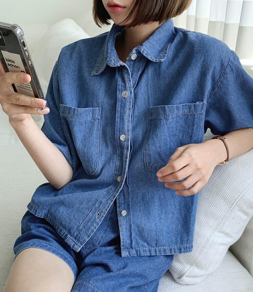 カラーポケットデニムシャツ・全2色・t01021 レディース 【bl】トップス シャツ デニム シンプル 半袖 ハーフスリーブ シンプル カジュアル ラフ クロップド丈 春 夏 韓国ファッション
