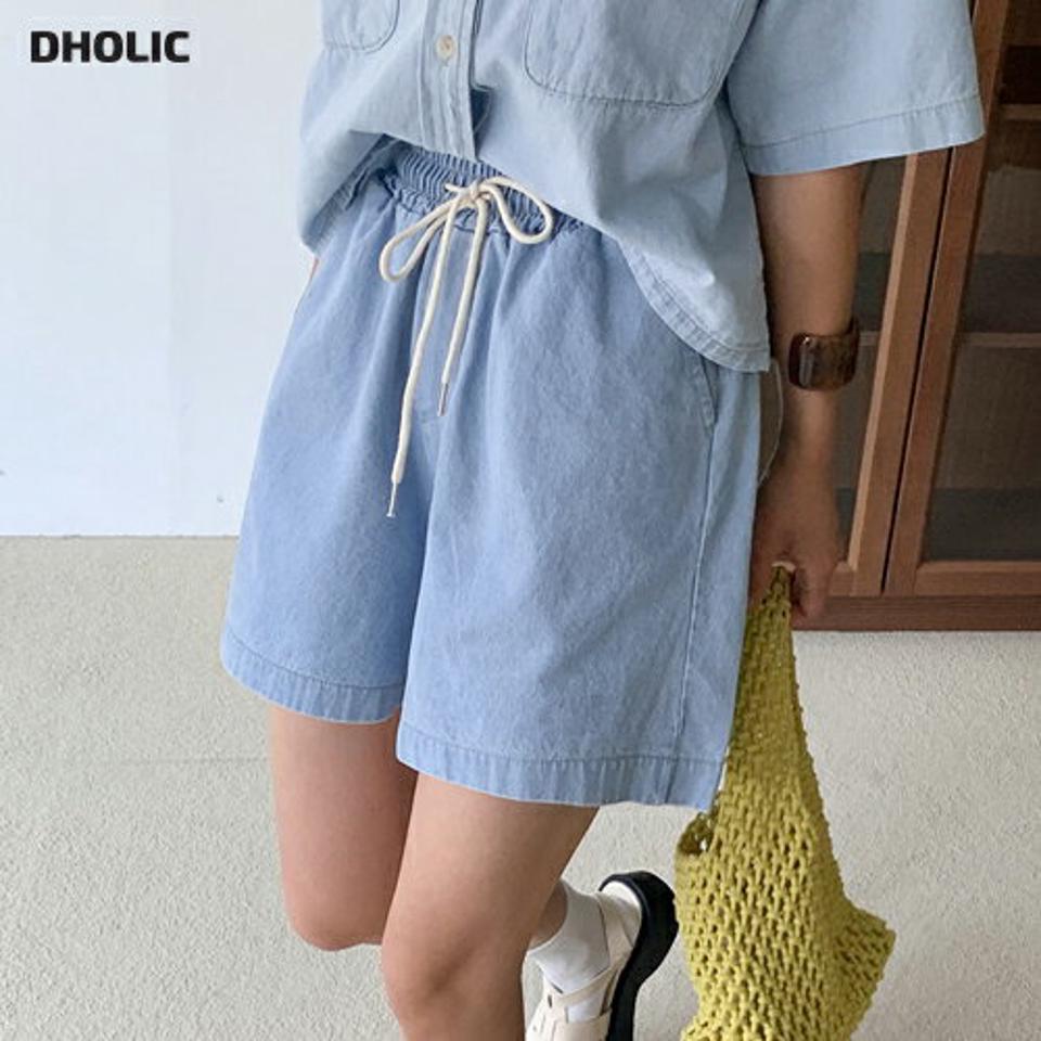 ストリングショートデニムパンツ・全2色・t01018 レディース 【pt】パンツ ズボン 短パン ショートパンツ デニム シンプル ストリング ウエストゴム ラフ カジュアル ベーシック シャーリング ワイド ハイウエスト ポケット 春 夏 韓国ファッション