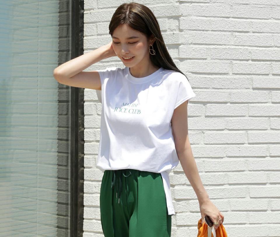 ルーズフィットレタリングフレンチスリーブTシャツ・全4色・t72146 レディース 【tops】トップス Tシャツ ロゴ レタリング ロゴT フレンチスリーブ 半袖 綿 コットン ロング丈 春 夏 カジュアル 大人 緑 韓国ファッション ハイホリHIHOL
