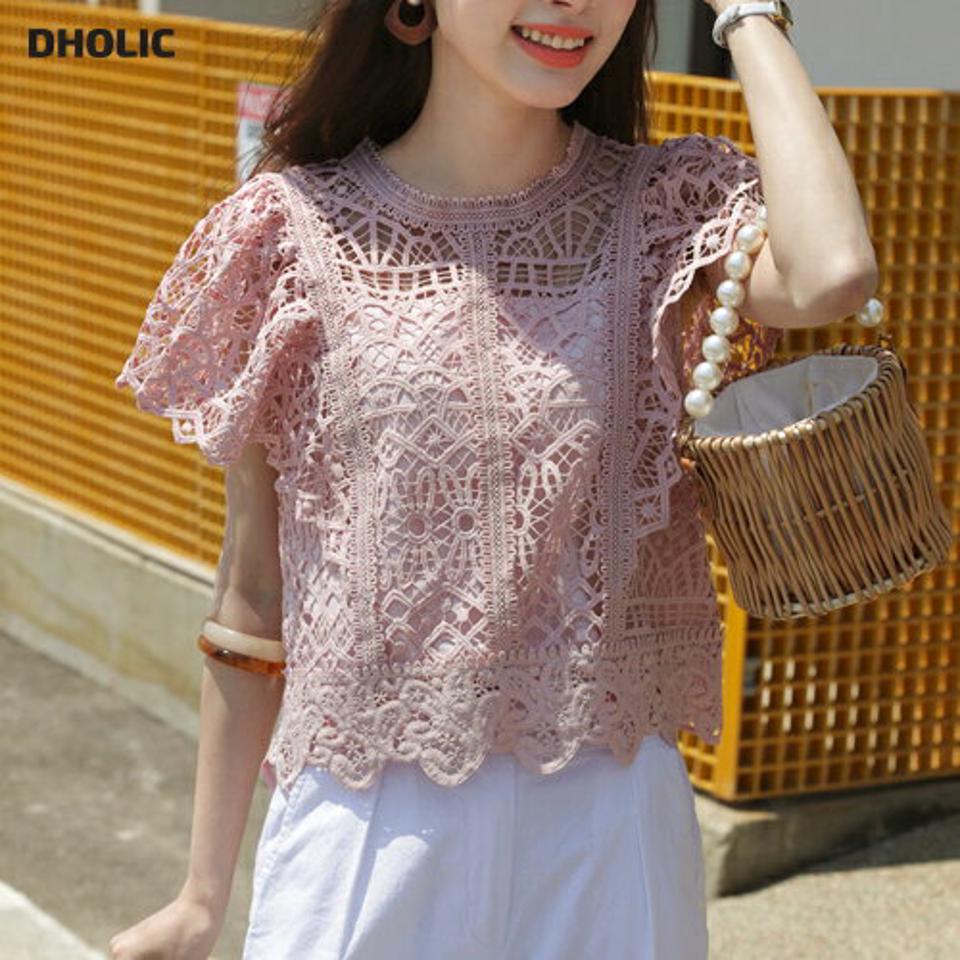 レースフリルスリーブブラウス・全4色・b72150 レディース 【bl】ブラウス トップス 単色 柄 模様 レース 総柄 総レース 二の腕カバー クロップド丈 パンチング 春 夏 フェミニン パステル 上品 ピンク 韓国ファッション ハイホリHIHOLLI