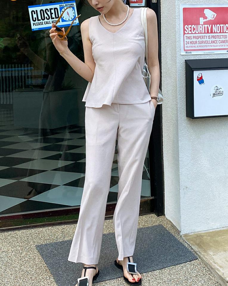 Vネックフレアノースリーブ&スラックスSET・全3色・t72160 レディース 【pt】セットアップ セット setup スリーブレス パンツ ロング丈 単色 シンプル ベーシック スラックス トップス ノースリーブ 鎖骨 お腹カバー 春 夏 韓国ファッション ハイホリHIHOLLI