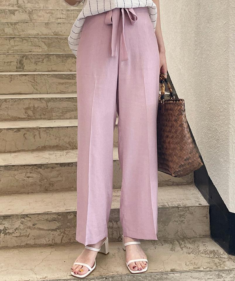 【10%OFF】ストリングリンクルパンツ・全3色・b72165 レディース 【pt】パンツ ロング丈 単色 無地 シンプル ベーシック ストリング 体型カバー 楽ちん ハイウエスト ストレート ピンク カラーパンツ 春 夏 フェミニン 韓国ファッション ハイホリHIHOLLI セール SALE