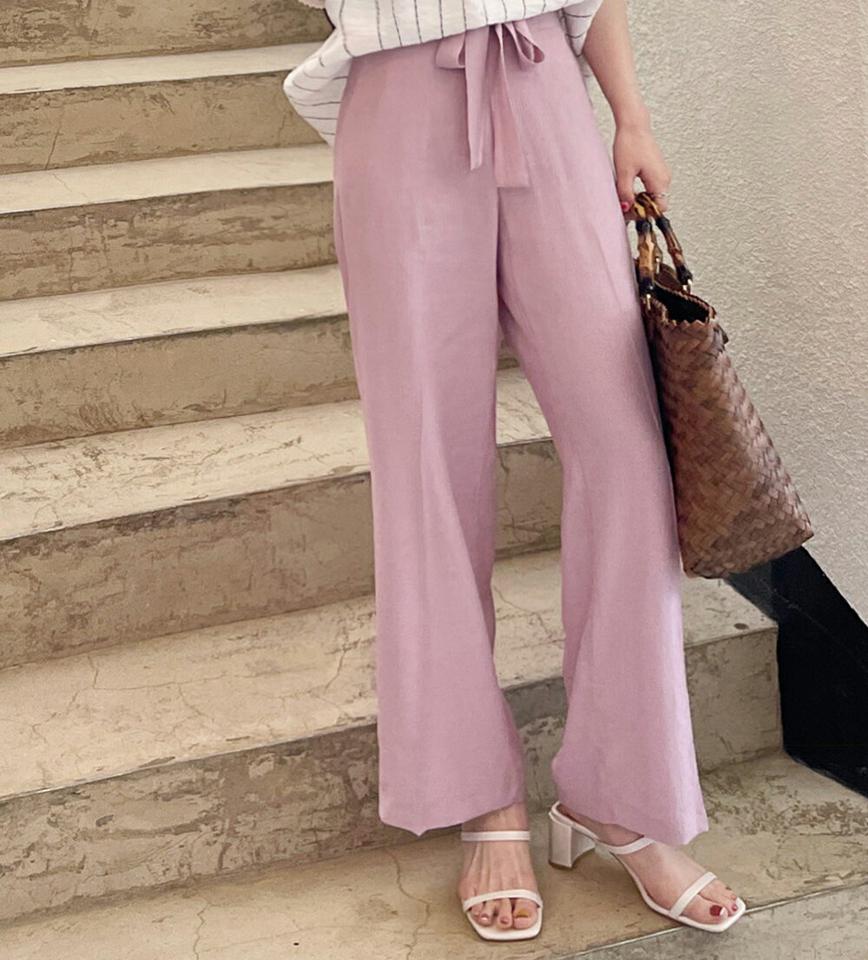 【10%OFF】ストリングリンクルパンツ・全3色・b72165 レディース 【pt】パンツ ロング丈 単色 無地 シンプル ベーシック ストリング 体型カバー 楽ちん ハイウエスト ストレート ピンク カラーパンツ 春 夏 フェミニン 韓国ファッション ハイホリHIHOLLI セール SALE