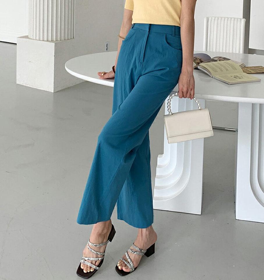 ワイドスラックス・全3色・t72457 レディース 【pt】スラックス パンツ ロング丈 単色 無地 シンプル ベーシック ワイド ナチュラル 体型カバー ダーツ ハイウエスト 春 夏 カジュアル ストレート カラーパンツ 水色 韓国ファッション ハイホリHIHOLLI