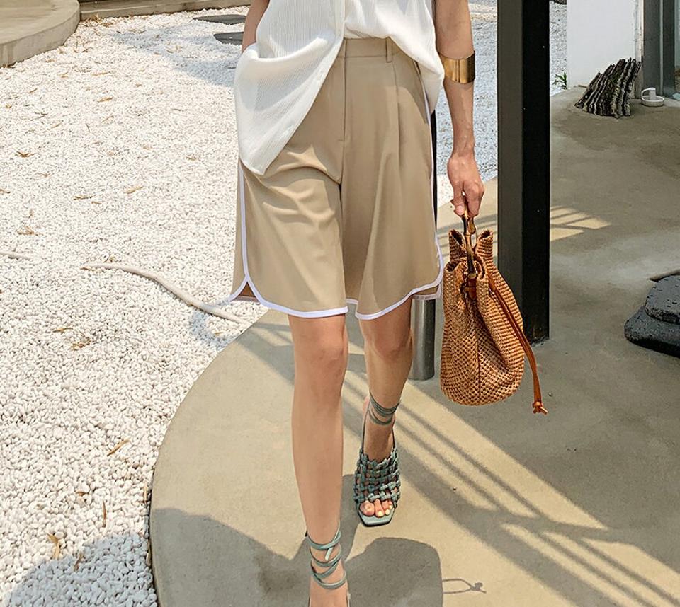 配色ハーフスラックス・全2色・t72402 レディース 【pt】スラックス ハーフ丈 ショート丈 配色 柄 模様 体型カバー ゆったり ワイド ストレート ハイウエスト 春 夏 カジュアル タック 可愛い かわいい 韓国ファッション ハイホリHIHOLLI