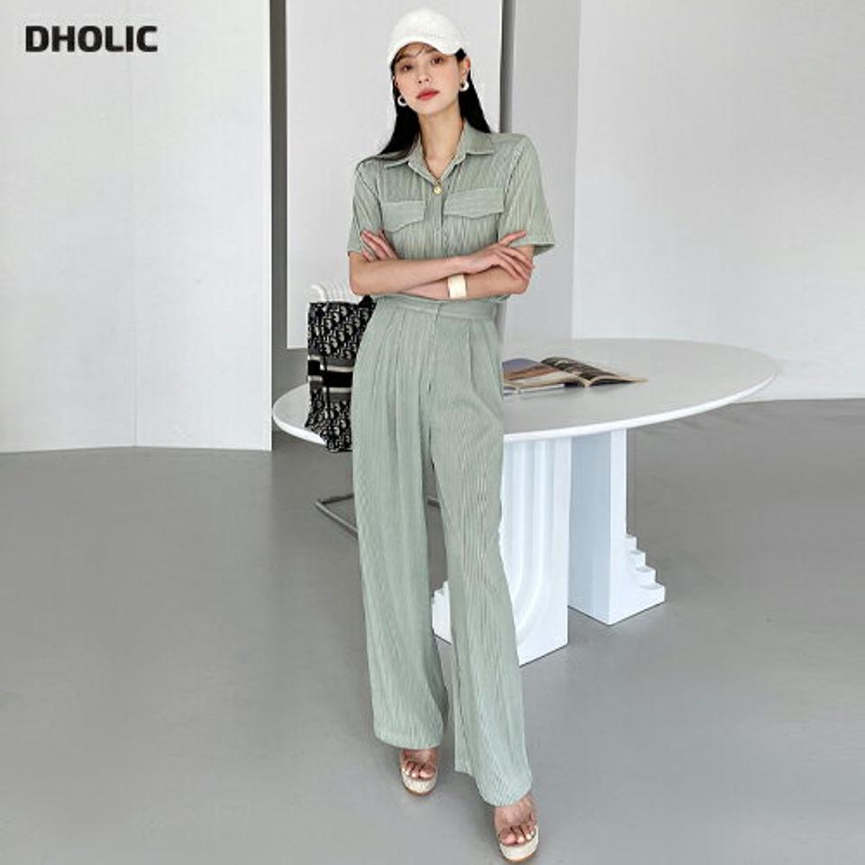 プリーツポケットシャツ&ワイドスラックスSET・全3色・t72399 レディース 【pt】セットアップ セット setup 単色 シンプル トップス シャツ 半袖 襟 パンツ ロング丈 ワイド プリーツ パステル 春 夏 緑 カーキ カジュアル 韓国ファッション ハイホリHIHOLLI