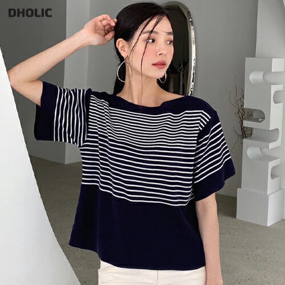 【10%OFF】ボーダーボートネックニット・全4色・b72458 レディース 【tops】トップス 半袖 ニット 柄 模様 ボーダー ボートネック 鎖骨 デコルテ ラフ 二の腕カバー ラフ 体型カバー ゆったり 春 夏 カジュアル サマーニット 韓国ファッション ハイホリHIHOLLI セール SALE