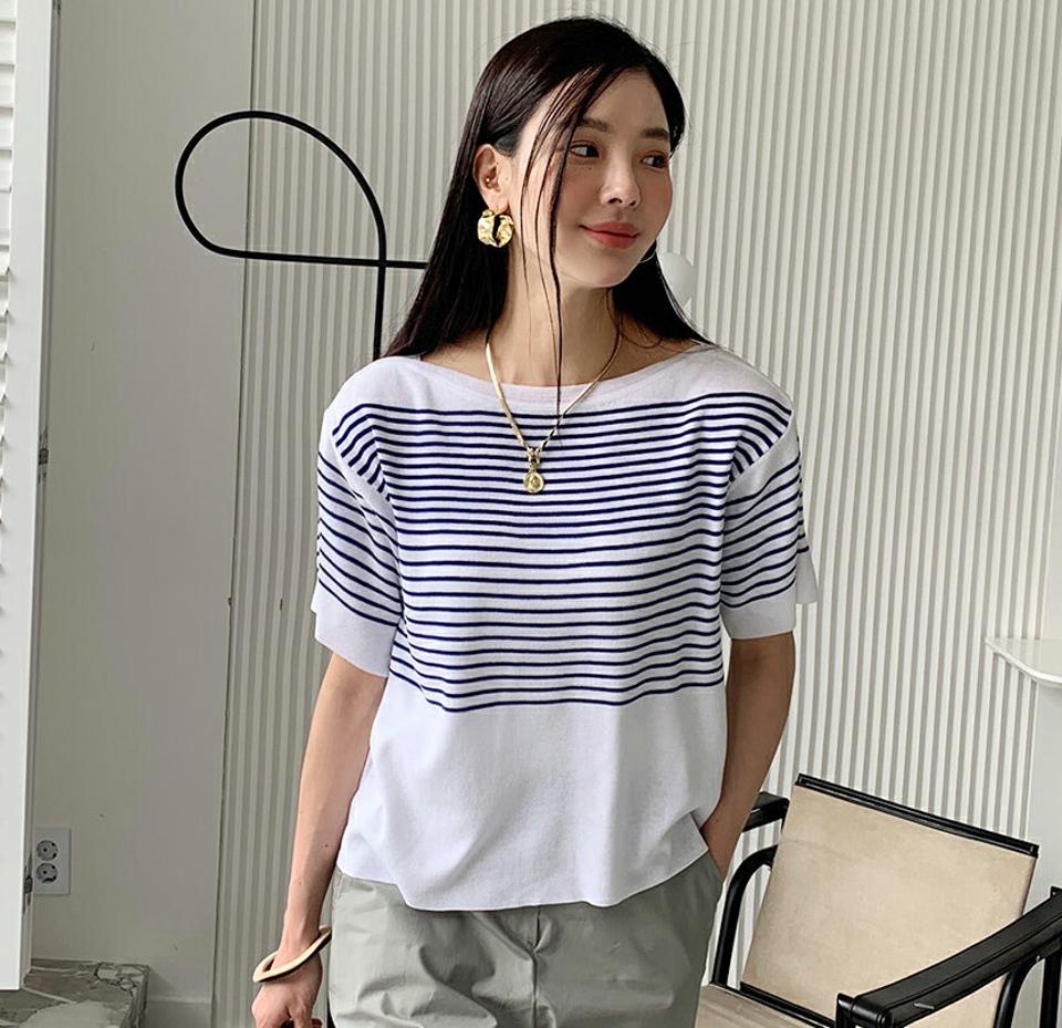 【10%OFF】ボーダーボートネックニット・全4色・b72458 レディース 【tops】トップス 半袖 ニット 柄 模様 ボーダー ボートネック 鎖骨 デコルテ ラフ 二の腕カバー ラフ 体型カバー ゆったり 春 夏 カジュアル サマーニット 韓国ファッション ハイホリHIHOLLI セール SALE