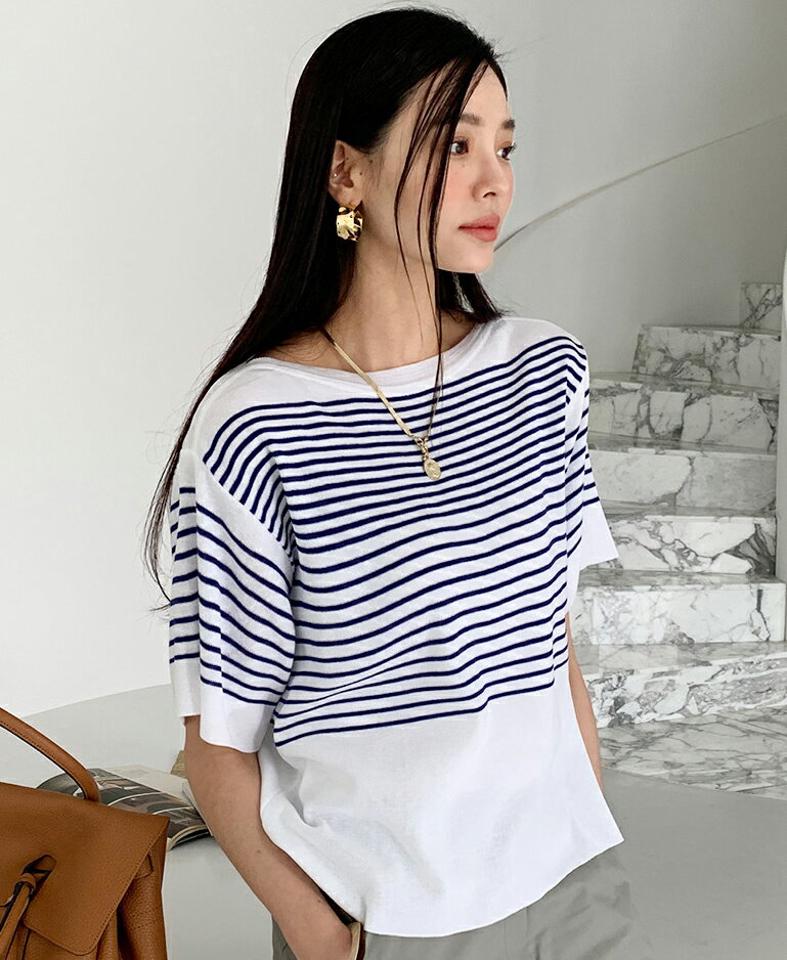 【10%OFF】ボーダーボートネックニット・全4色・b72458 レディース 【tops】トップス 半袖 ニット 柄 模様 ボーダー ボートネック 鎖骨 デコルテ ラフ 二の腕カバー ラフ 体型カバー ゆったり 春 夏 カジュアル サマーニット 韓国ファッション ハイホリHIHOLLI セール SALE