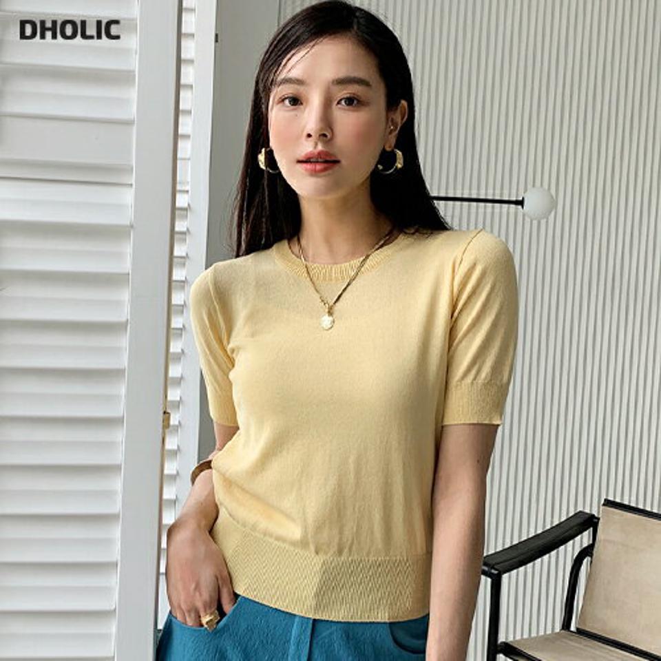 ラウンドネッククロップドニット・全5色・t72389 レディース 【tops】トップス 半袖 無地 シンプル ベーシック ニット クロップド丈 パステル スリム 春 夏 カジュアル 大人っぽ ラウンドネック 黄色 サマーニット 韓国ファッション ハイホリHIHOLLI