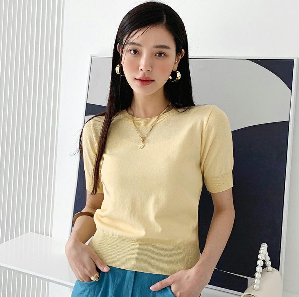 ラウンドネッククロップドニット・全5色・t72389 レディース 【tops】トップス 半袖 無地 シンプル ベーシック ニット クロップド丈 パステル スリム 春 夏 カジュアル 大人っぽ ラウンドネック 黄色 サマーニット 韓国ファッション ハイホリHIHOLLI