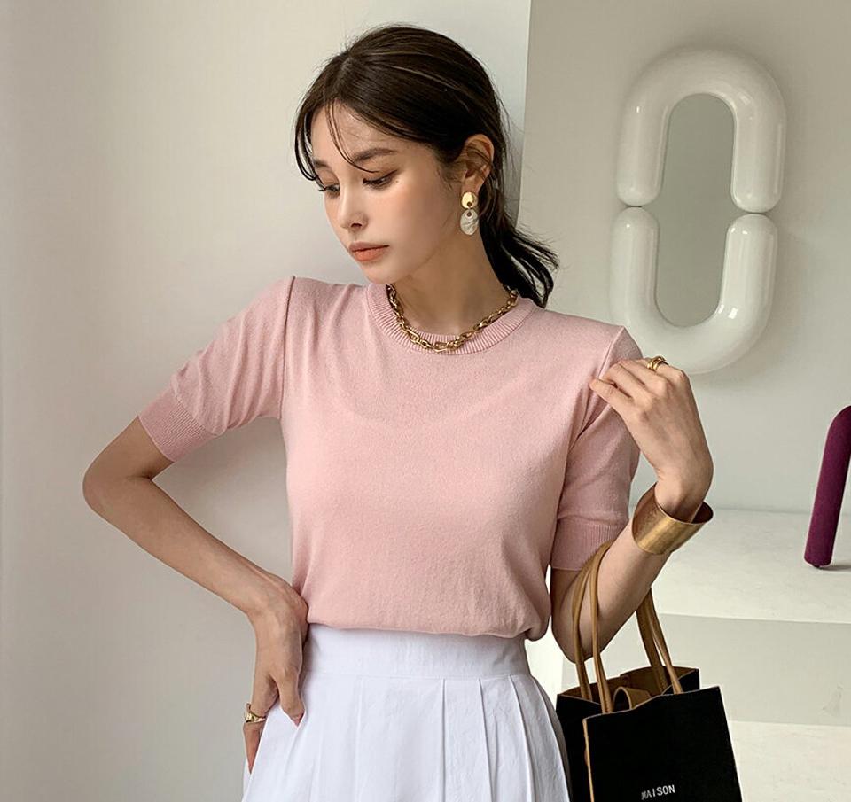 ラウンドネッククロップドニット・全5色・t72389 レディース 【tops】トップス 半袖 無地 シンプル ベーシック ニット クロップド丈 パステル スリム 春 夏 カジュアル 大人っぽ ラウンドネック 黄色 サマーニット 韓国ファッション ハイホリHIHOLLI